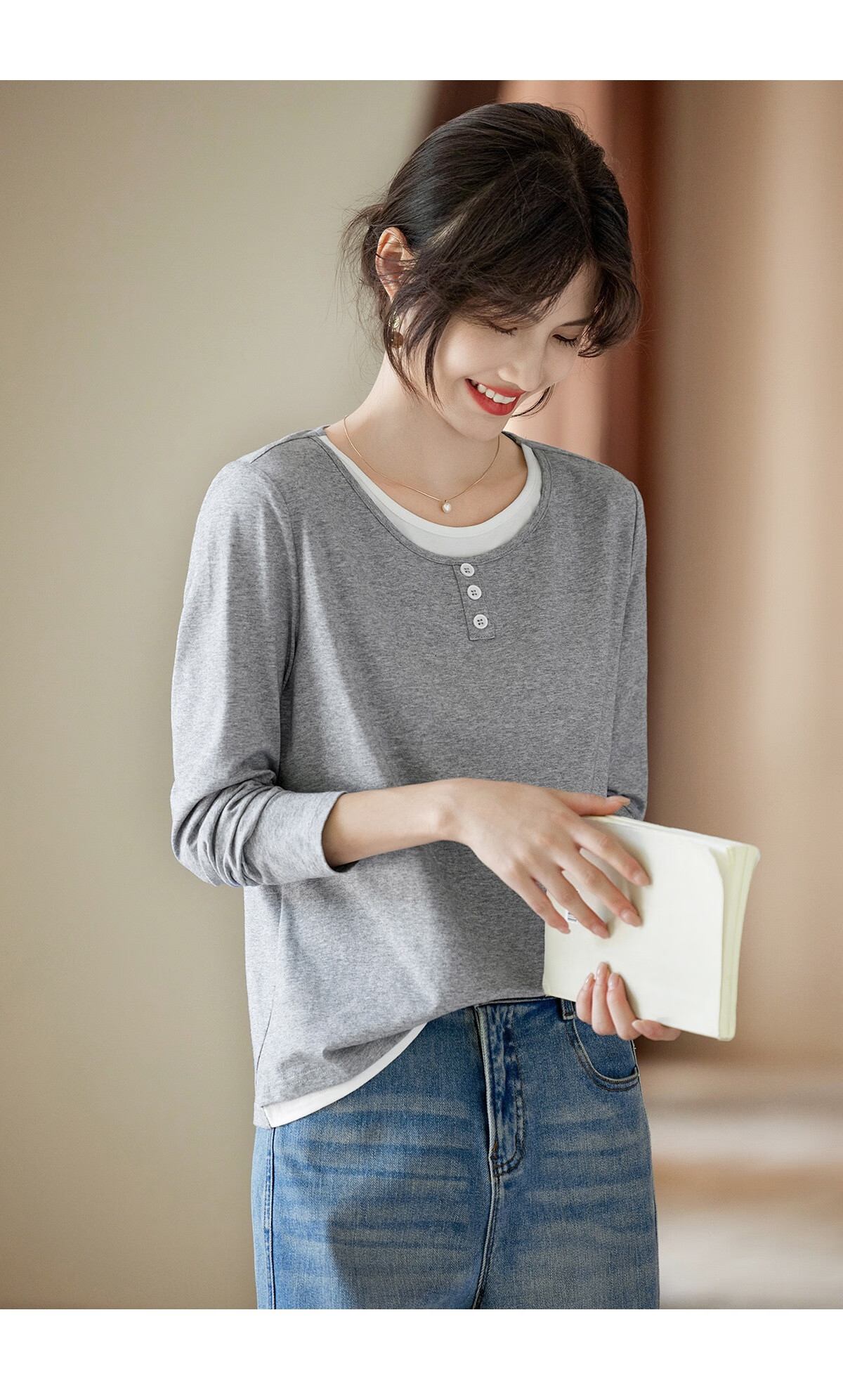 Taxiang Long-Sleeve T-Shirt for Women, Fashionable Faux Two-Piece Top, Round Neck, Versatile for Commuting, Slimming Base Layer, Women's T-Shirt T53T094 10