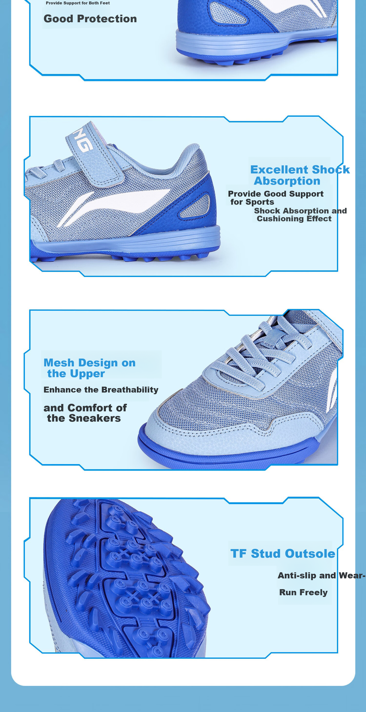Li-Ning Children's Soccer Shoes, TF Turf Studs, Boys' Elementary School Students Aged 6-12, Velcro Straps, Breathable Training And Competition Non-Slip Football Boots, Size 38 9
