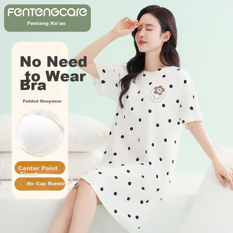 FENTENGCARE Women's Nightgown with Built-In Bra Pads, Round Neck Short Sleeve Short Skirt Polka Dot Breathable Dress Loungewear Gift for Girls