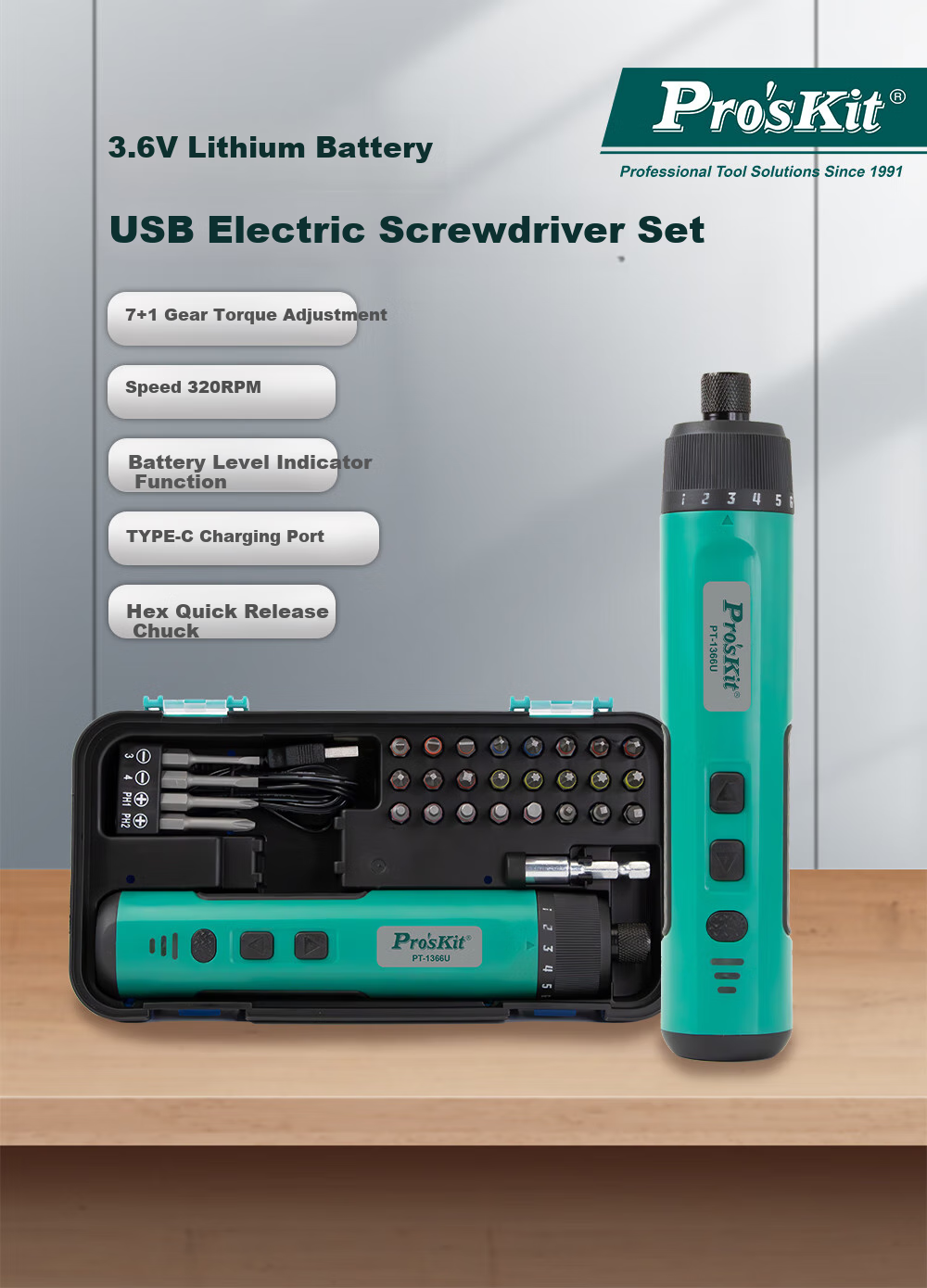 Pro'sKit PT-1366U Electric Screwdriver Set, Household 26-In Rechargeable Electric Screwdriver Kit 1