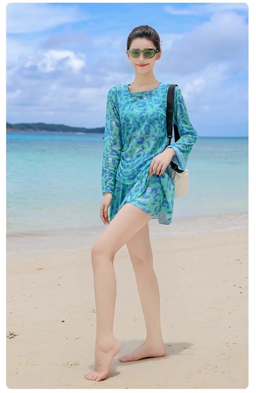 Barbie Women's High-End Conservative Long-Sleeve Swimsuit Set with Skirt for Beach Vacation, Slimming And Concealing Three-Piece Swimwear 12