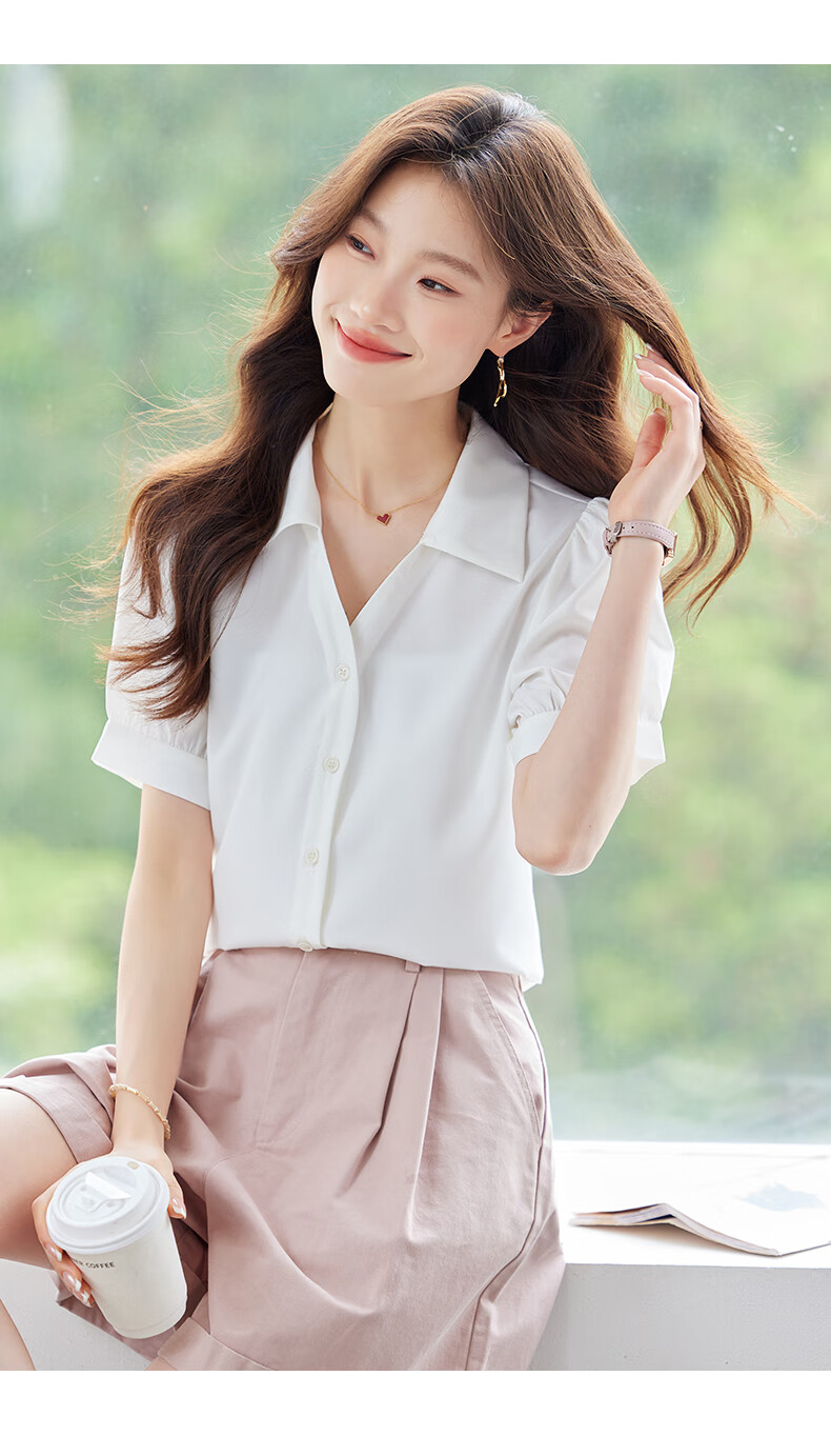 JEANSWEST Women's Shirt Summer Short Sleeve Puff Sleeve Professional Formal Cardigan Top White XL 7