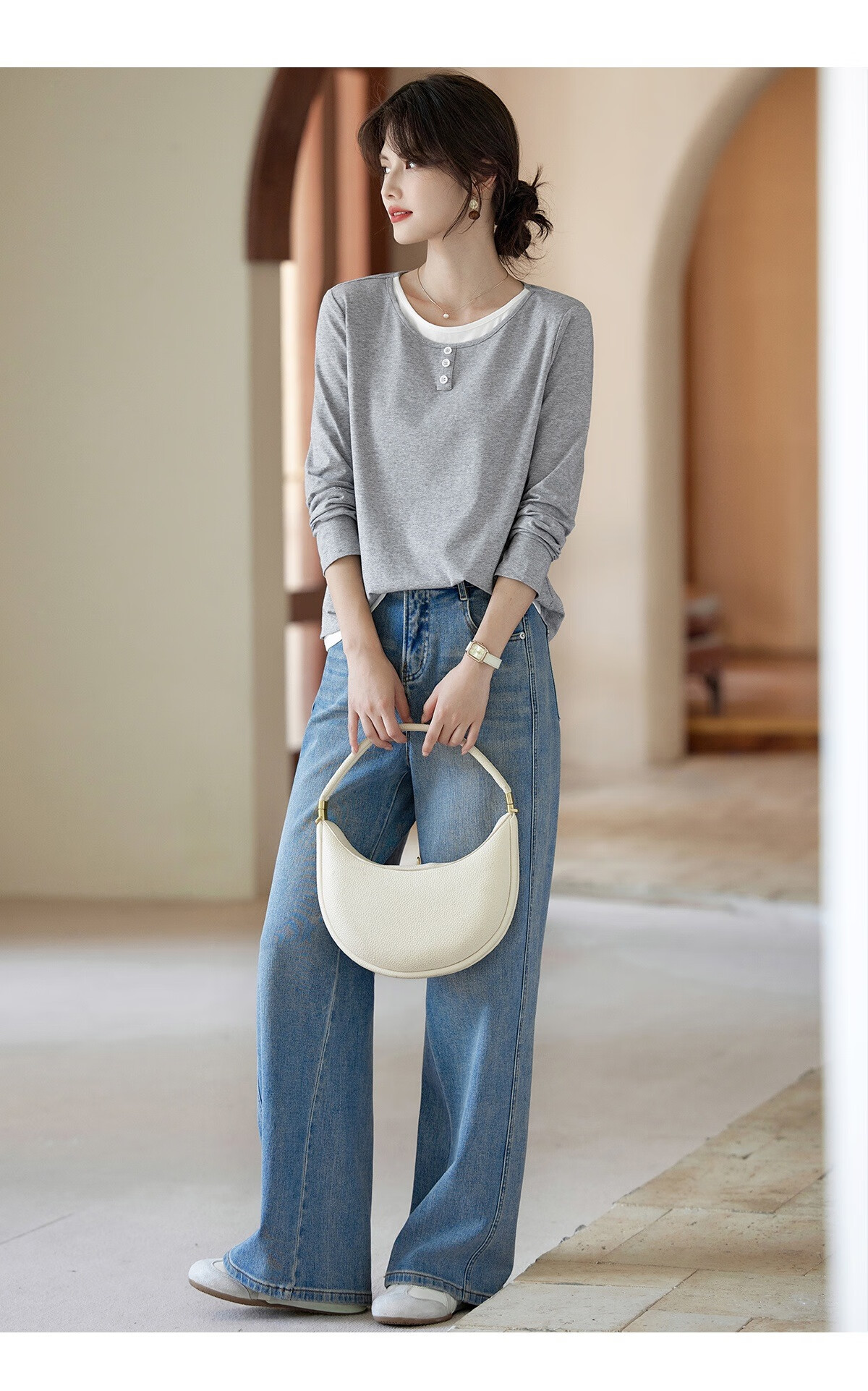 Taxiang Long-Sleeve T-Shirt for Women, Fashionable Faux Two-Piece Top, Round Neck, Versatile for Commuting, Slimming Base Layer, Women's T-Shirt T53T094 11