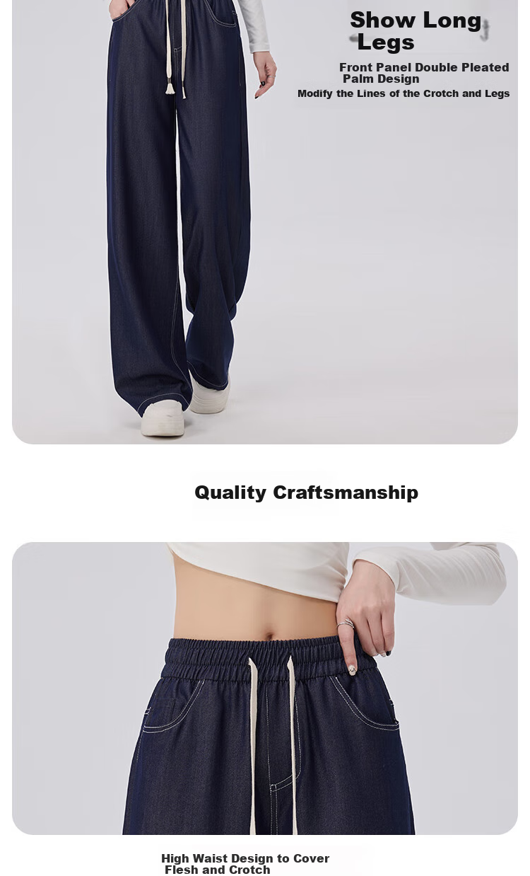 BOPRUIEY Faux Denim Straight-Leg Pants for Women, Lightweight And Flowy for Spring And Summer, High-Waisted Casual Pants with Elastic Waist, Slim-Fit Wide-Leg Trousers 8