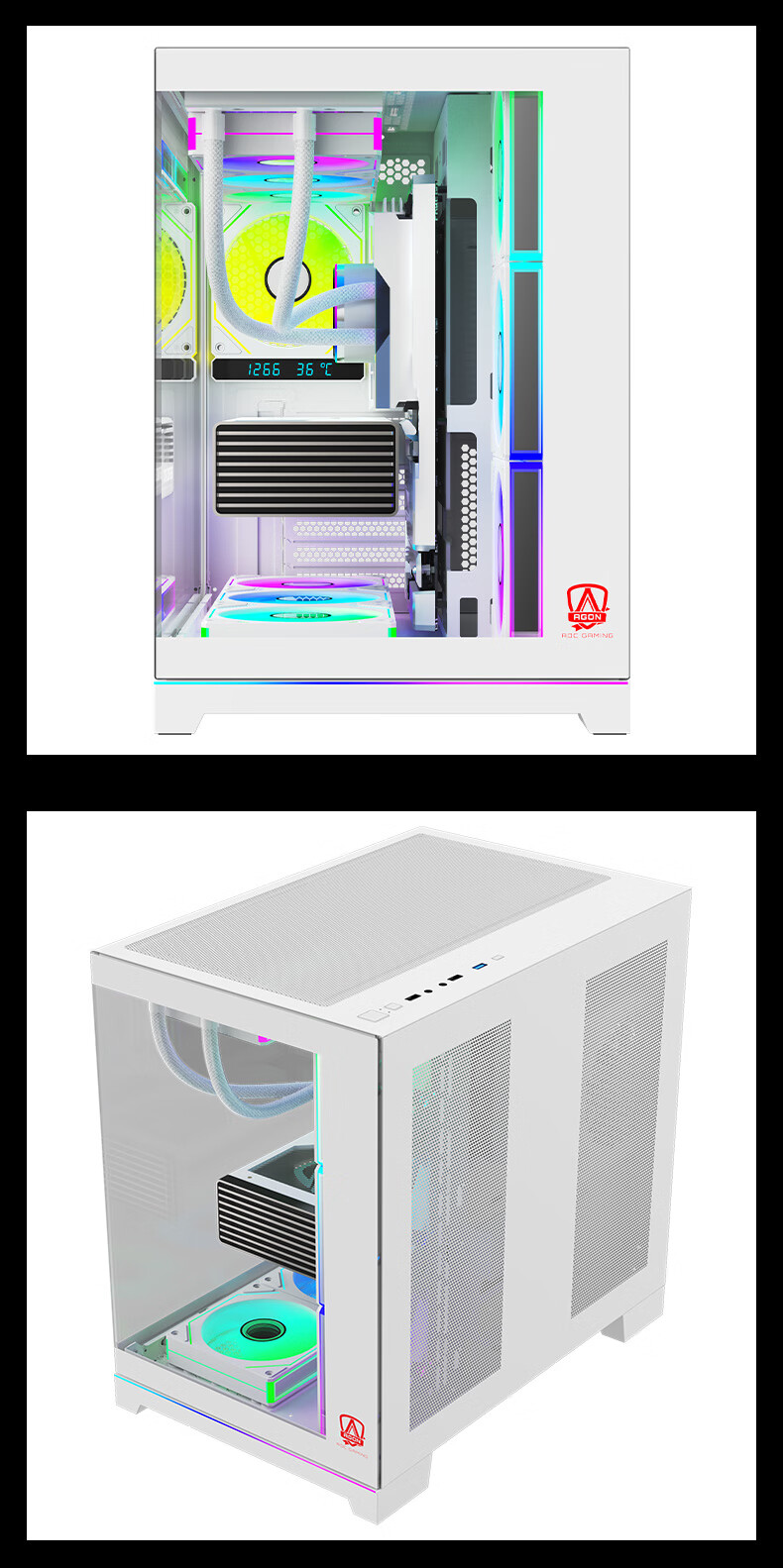 AOC ACG800W White Ultra-Competitive Seaside View Case, ARGB Light Bar, Supports ATX Motherboard, Graphics Card Limited to 410mm, Compatible with 360mm Water Cooling, Left And Right Compartments, 10 Fan Positions 1