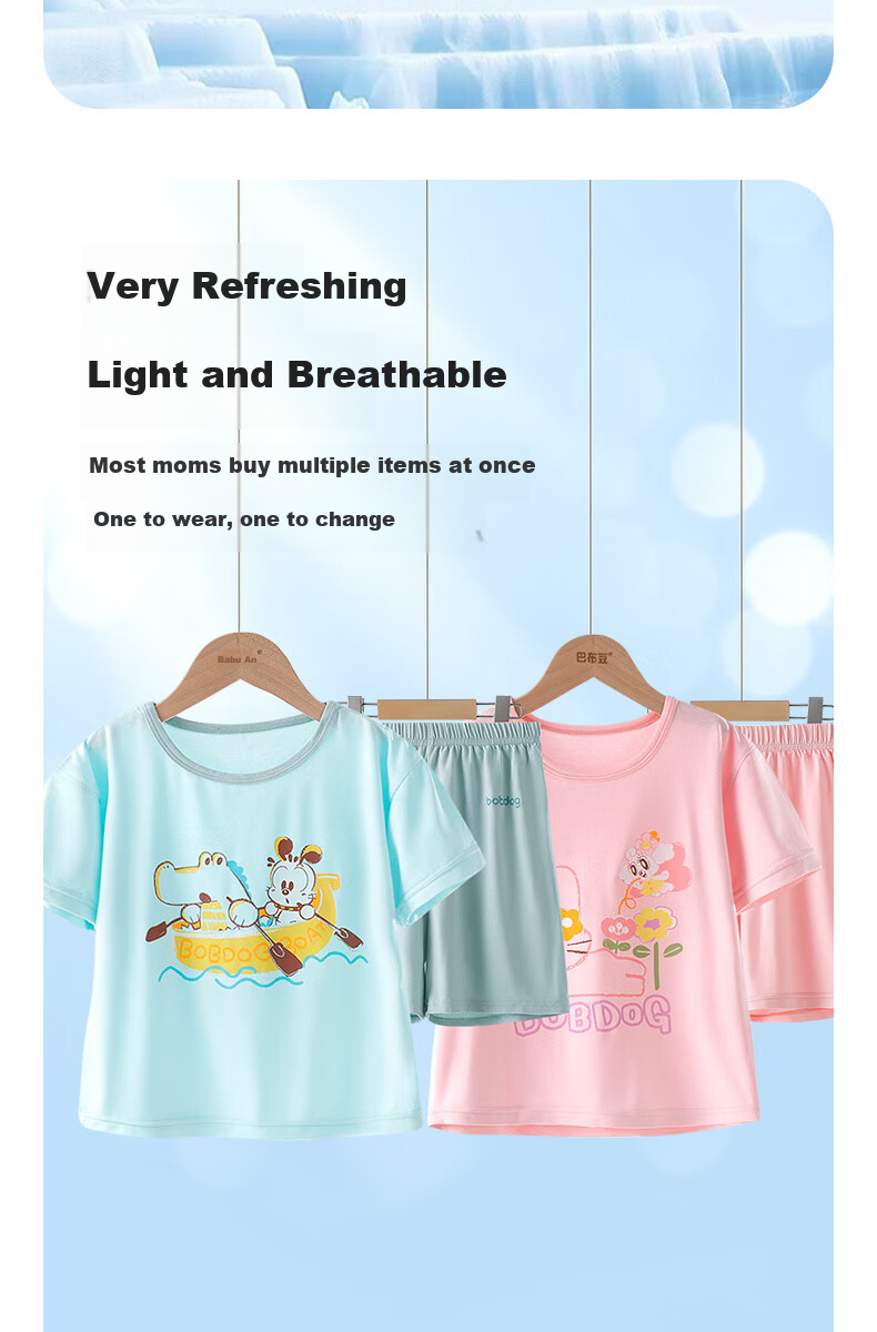 BOBDOG Children's Home Wear Set, Summer New Style Girls' Long-Sleeve T-Shirt, Cartoon Pajamas for Young Children, Boys' Top Summer Outfit 6