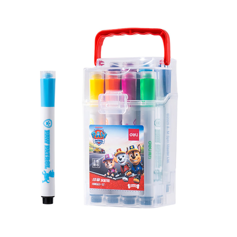 Deli 12-Color Easy-To Watercolor Markers with Stamp Tips, Paw Patrol, Washable Student Art Pens, Portable Drawing And Doodling Pens for Children, Girls' Graduation Gift