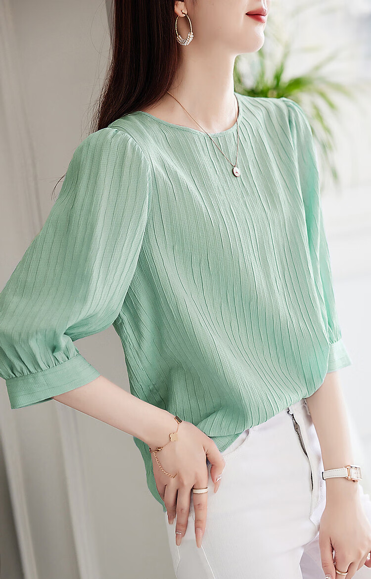 Demana French Texture Shirt Summer Commuter Round Neck Lantern Sleeve Blouse Women's Top 10