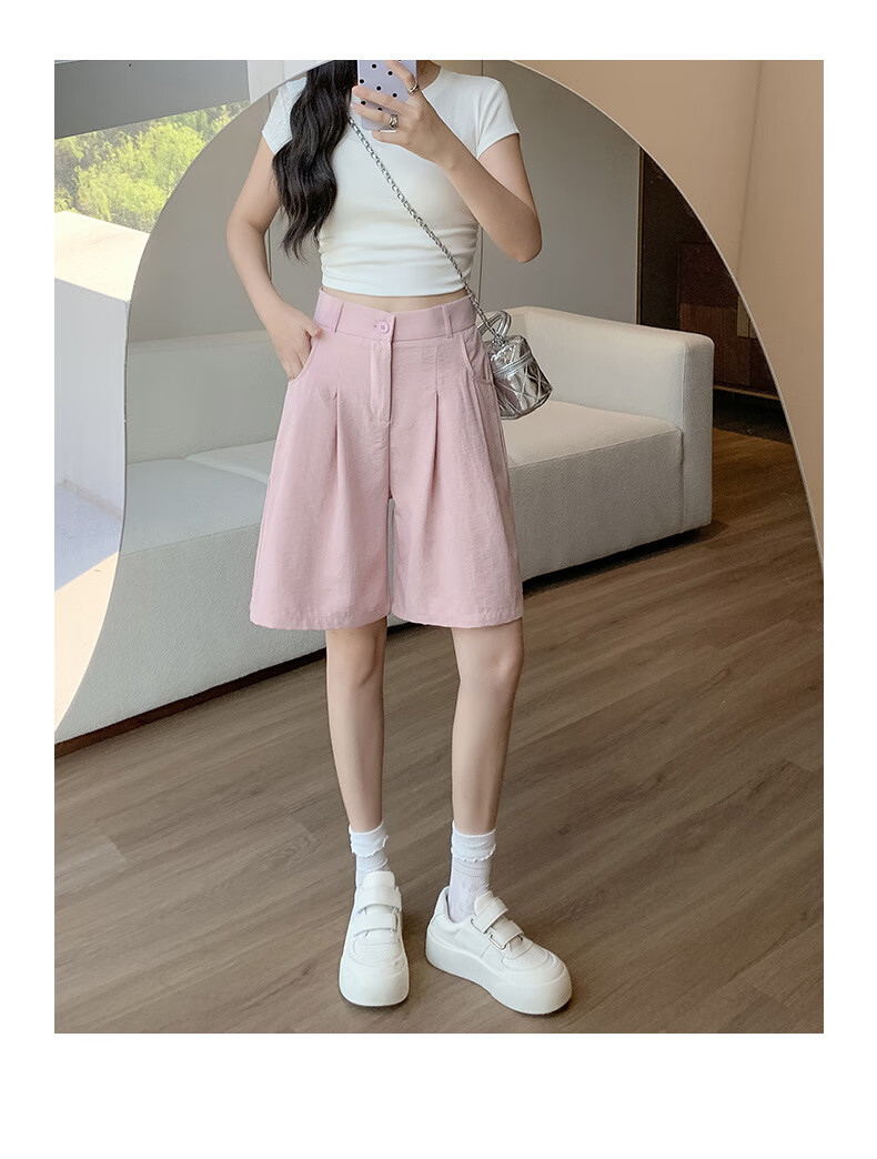 LangSha Milk Puff Suit Shorts for Women, Ice Silk Summer New High-Waist Loose Casual Mid-Length Pants, Relaxed Loose-Fitting Five-Point Shorts 26