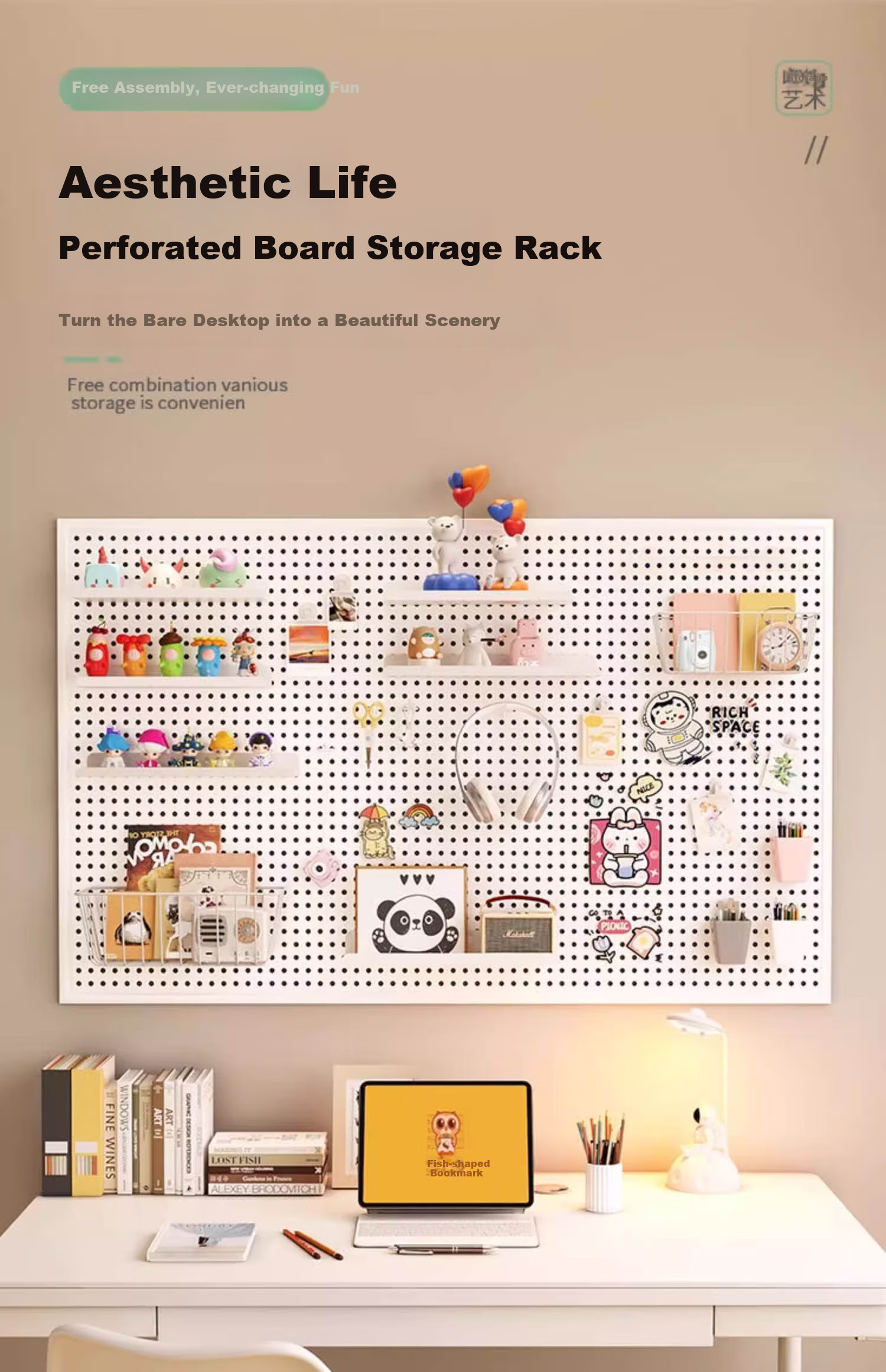 XIAOJIANGCAI Pegboard Wall Storage Rack, No Drilling Required, Dorm Living Room Wall Hardware Tool Display Storage Shelf, 40*60 White 1