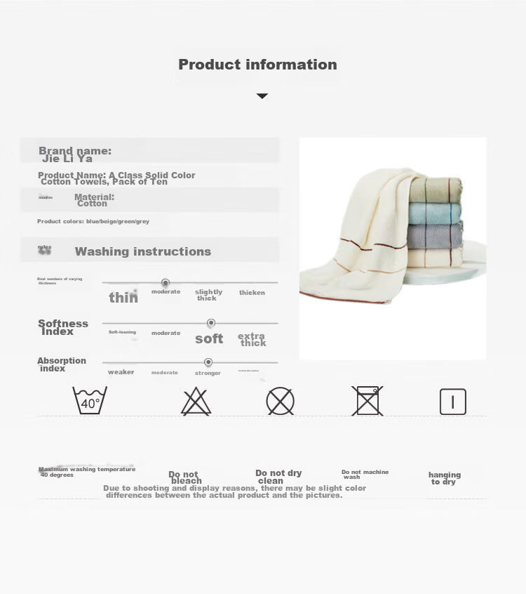 Grace Towel Home Textiles Class A Pure Cotton Plain Face Towels Thickened Satin Edge Soft Face Towels Pack of Ten 90g/piece Sports 3