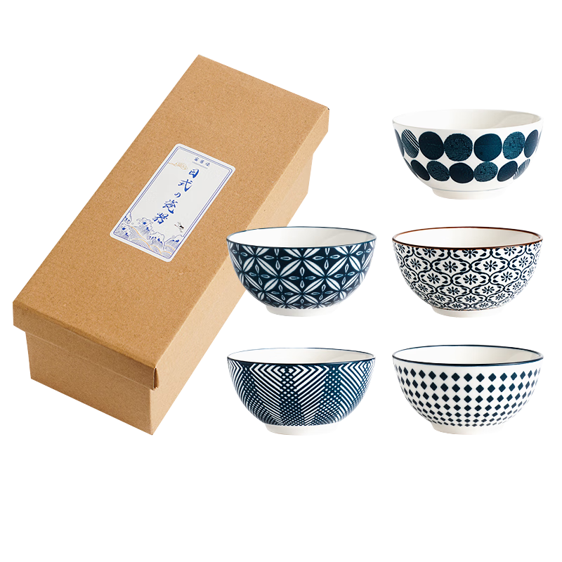 MAXCOOK Ceramic Bowls Japanese Style, 4.5-Inch Ceramic Soup And Rice Bowls, Tableware Set, 5-Piece Set, Blue MCTC3651