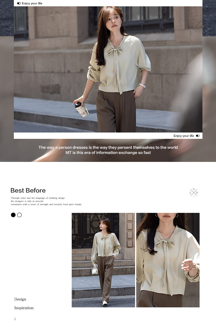 MT Gentle Commuter Style Autumn Design Gathered Hem Tie Neck Long Sleeve Blouse 2