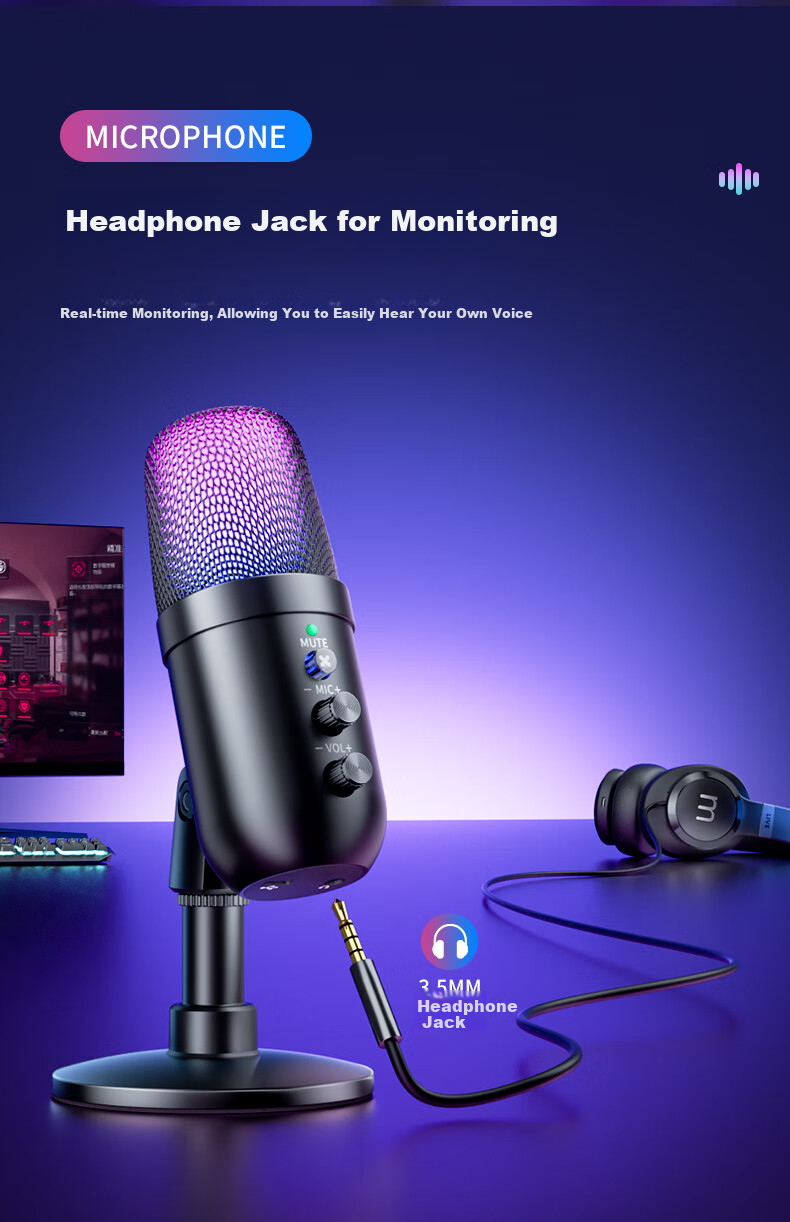Haomuren Suspended Arm Stand Computer Microphone, USB Desktop Noise-Cancelling Microphone, Gaming E-Sports Live Streaming Condenser Mic for Desktop And Laptop Recording, Karaoke, Streamer Voice-Over Equipment 6