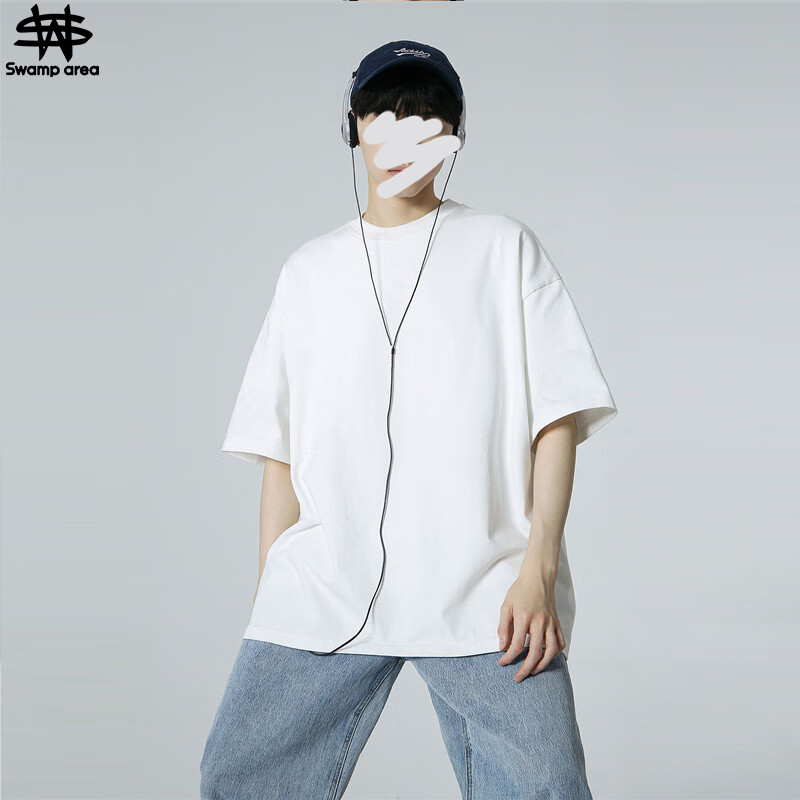 SWAMP AREA Short-Sleeve T-Shirt for Men And Women, Summer Pure Cotton Round Neck Heavyweight Loose Trendy Casual Top SW34 White S