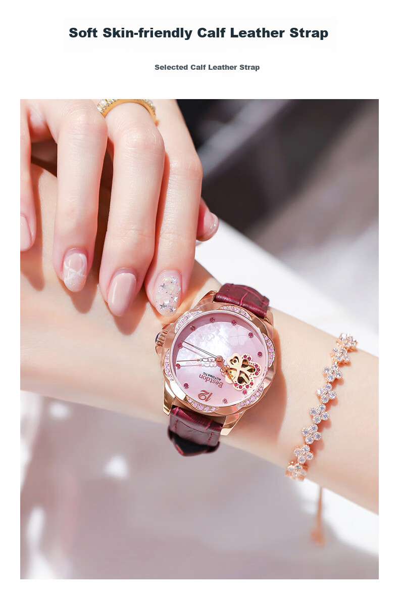 Bestdon Women's Mechanical Watch, Skeleton Four-Leaf Clover with Diamond Inlay Wristwatch Gift Box for Women, Present for Goddess 9