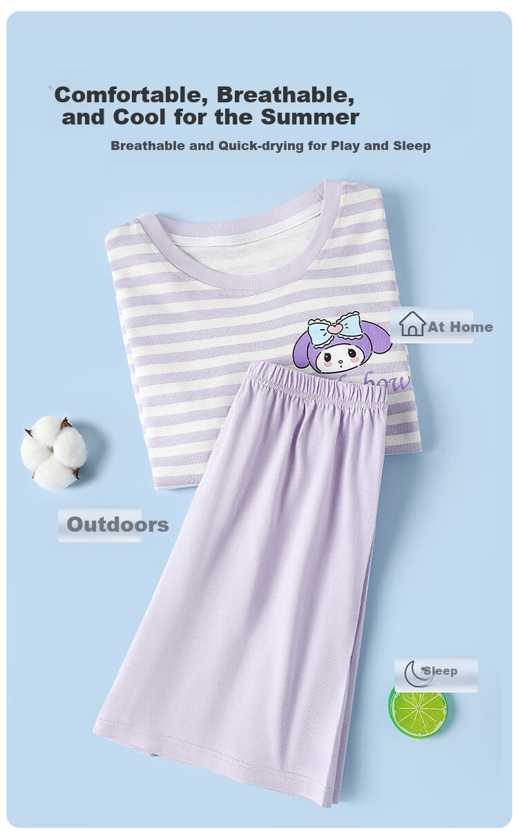 Bingxuemumian Children's Pajamas for Girls, Summer Pure Cotton Class A Thin Set, Short-Sleeve Shorts Round Neck Home Air Conditioning Wear Two-Piece Set 4