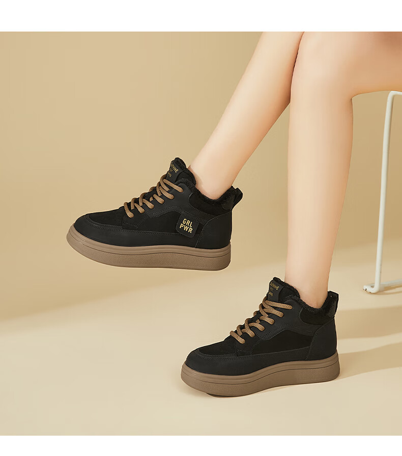 DAPHNE Premium Thick-Soled High-Top Sneakers for Women, Fashionable Versatile Fleece-Lined Warm Cotton Casual Shoes, Black, Size 38 5