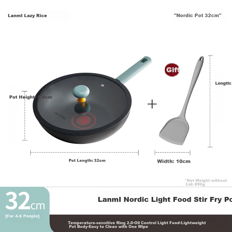 Lanmi Nordic Light Double-Ring Temperature-Controlled Non-Stick Pan with Titanium, Low-Smoke Flat-Bottom Wok for Stove And Induction Cooktops, 32cm