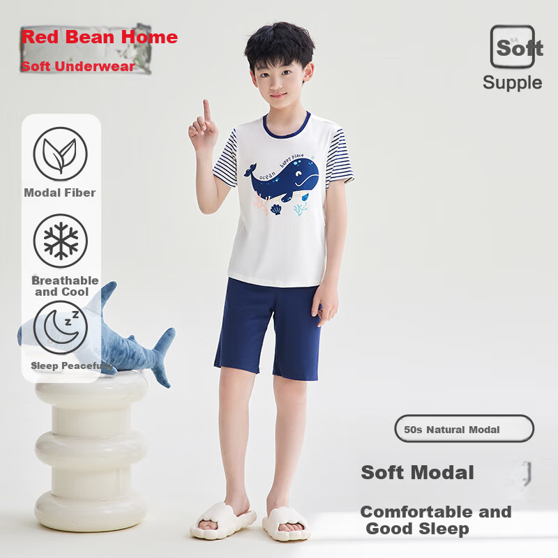 Hodohome Boys' Spring Summer Modal Pajama Set, Round Neck Striped Air Conditioning Homewear, Size 140, Model 371