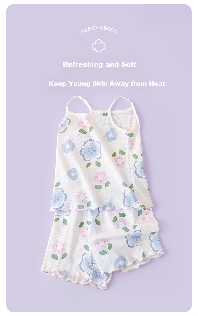 DEESHA [7A Antibacterial Breathable Mesh] Girls' Summer Pajamas Thin Camisole Set for Older Children Air Conditioning Wear 2