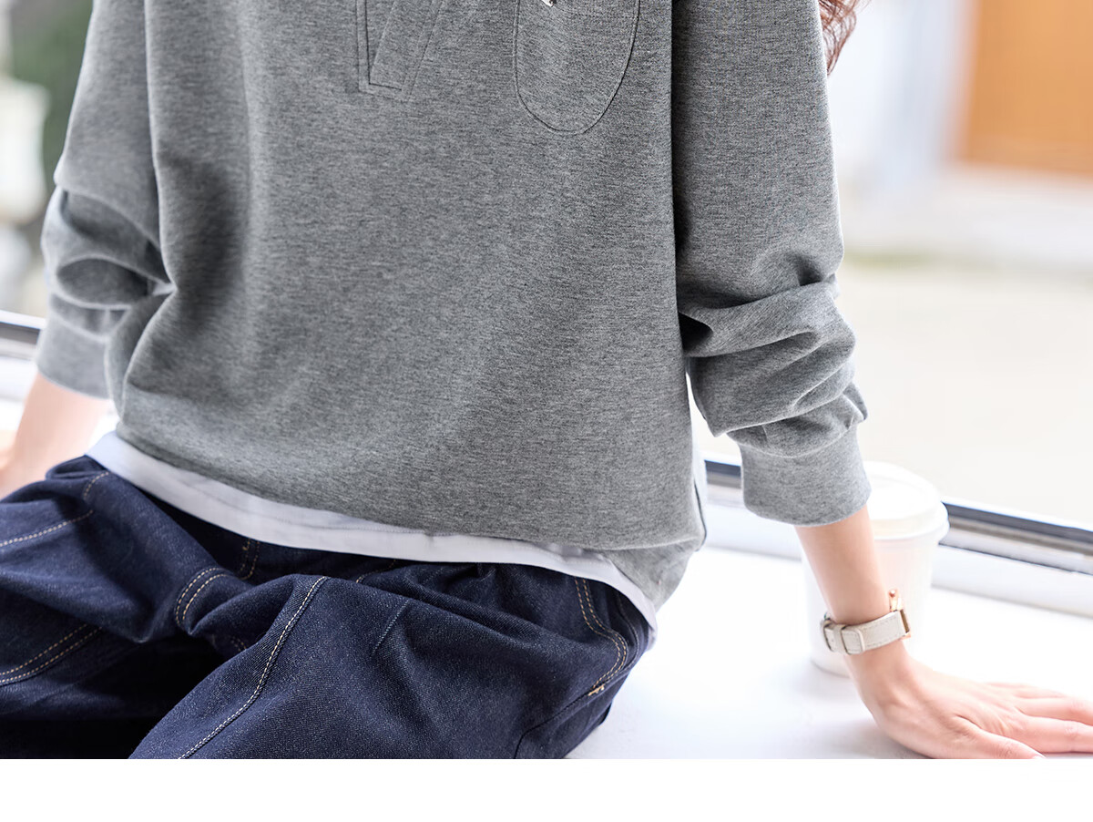 PinCai Women's Casual V-Neck Fake Two-Piece Loose Slim Layered Sweatshirt P53W050 29