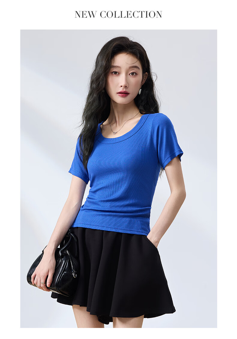 BOPRUIEY Women's Summer Short Sleeve Solid Color Ribbed Large Round Neck Slim Fit T-Shirt Top 24