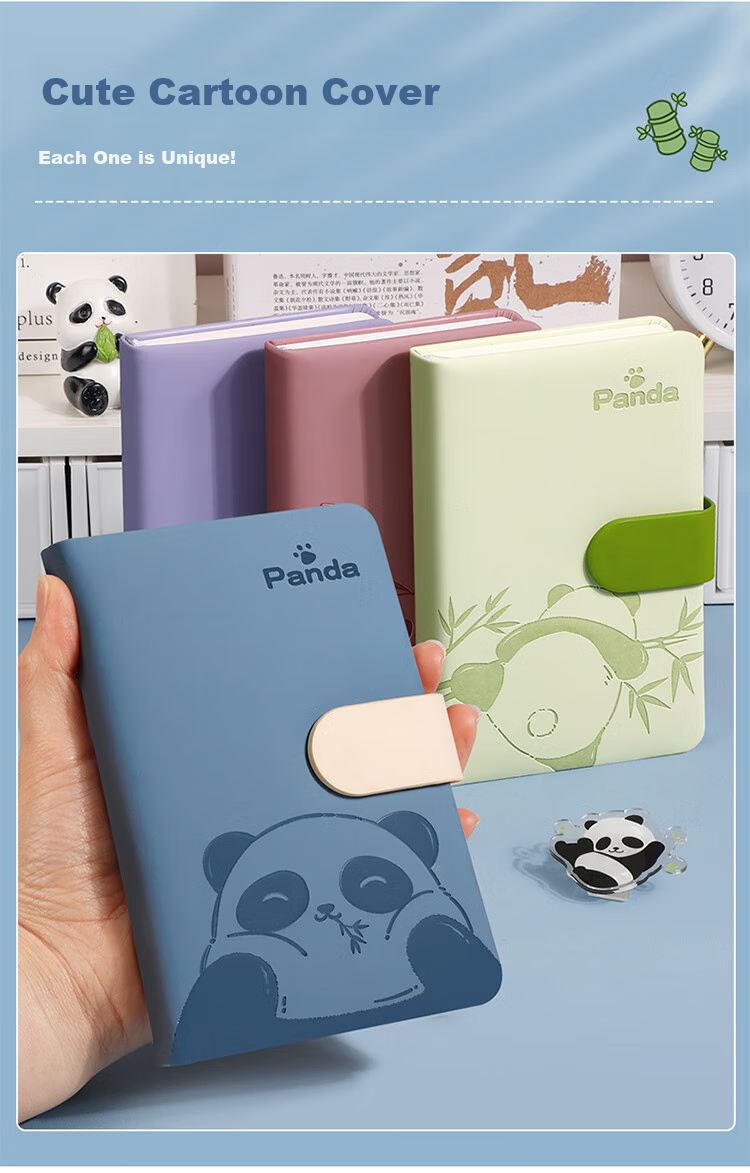 Ujia Panda Mini Notebook A6 Portable Diary Creative Thickened Cute Cartoon Stationery Pocket Book Customizable for Businesses, Horizontal Lines Gray-Blue 2