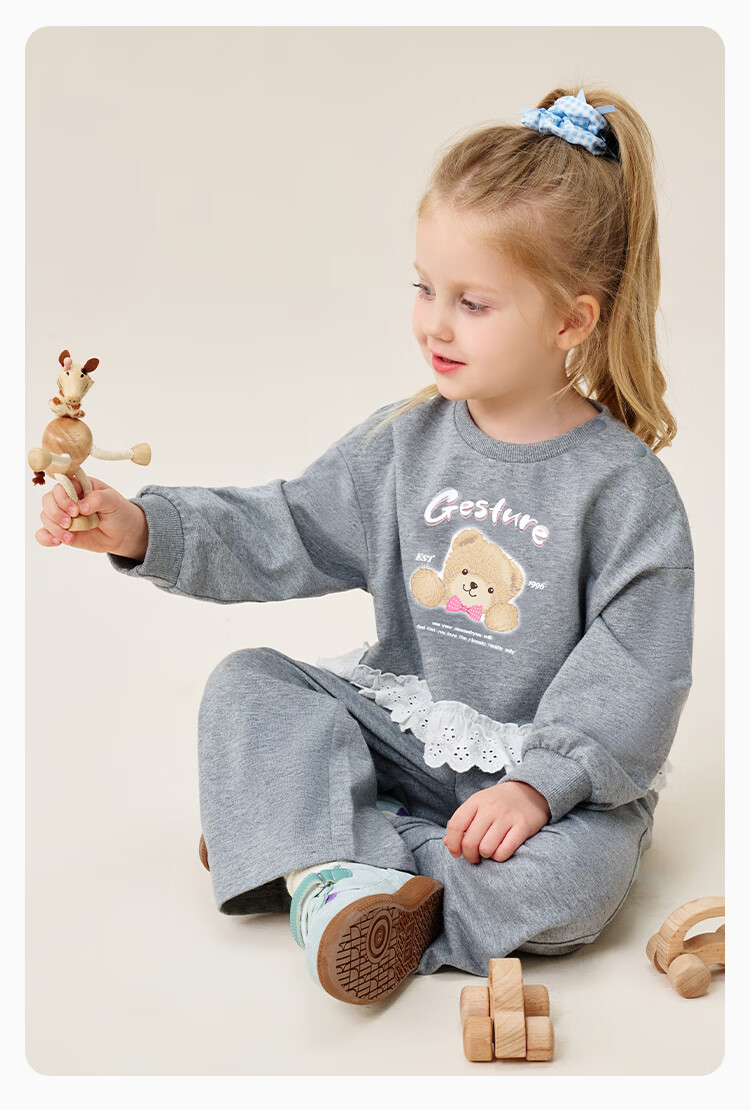 Classic Teddy Girls' Two-Piece Set Children's Sweatshirt and Pants Sweet Patchwork Casual Spring Outfit Light Gray 90 16