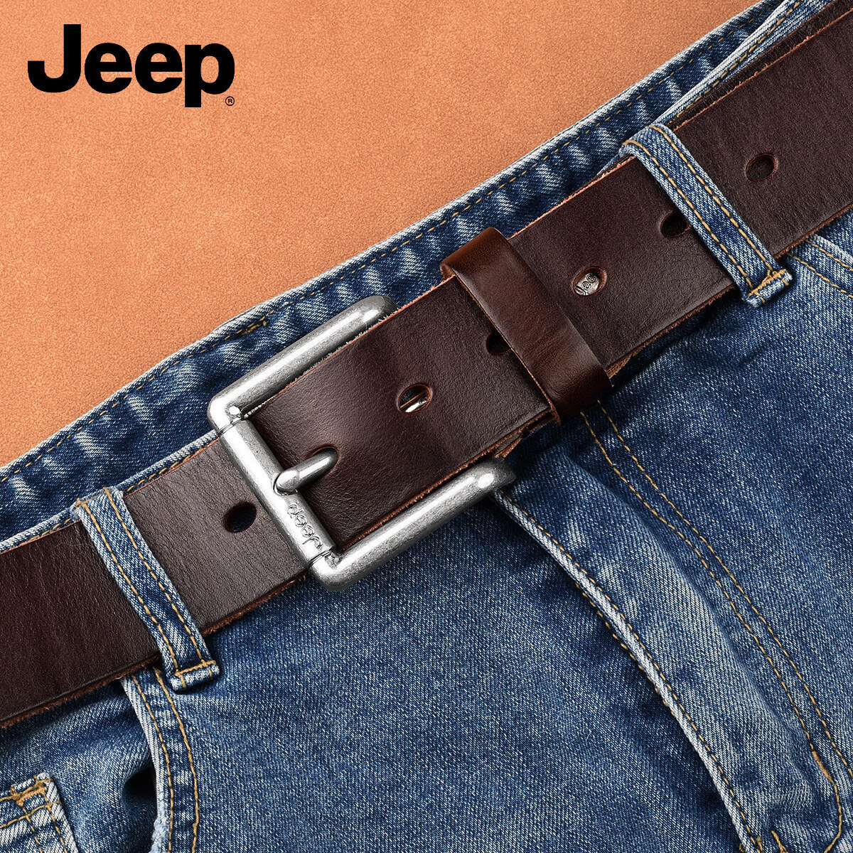 JEEP Men's Belt, Business Fashion Pin Buckle Trouser Belt, Top-Grain Genuine Leather Waistband, Birthday And Holiday Gift for Boyfriend Or Husband