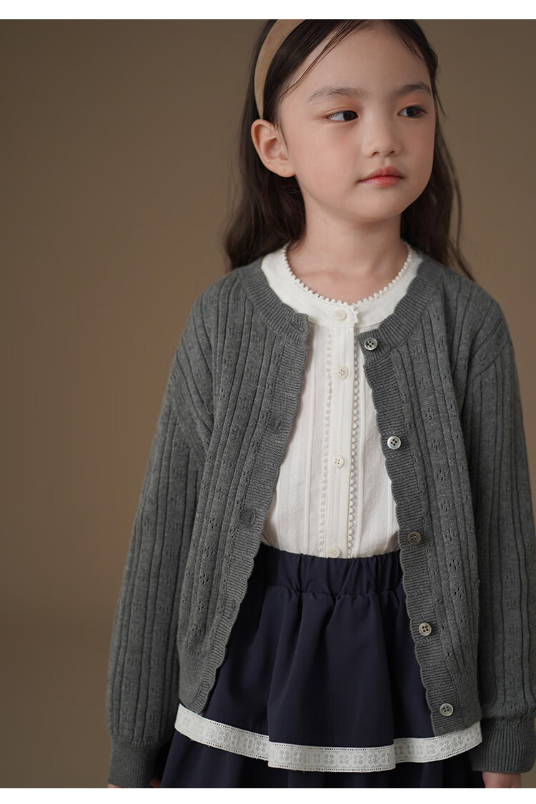 Hacikis Kids Spring and Autumn Knitted Cardigan Simple High-End Feel Skin-Friendly Girls' Mid to Big Kids Gray 160 11