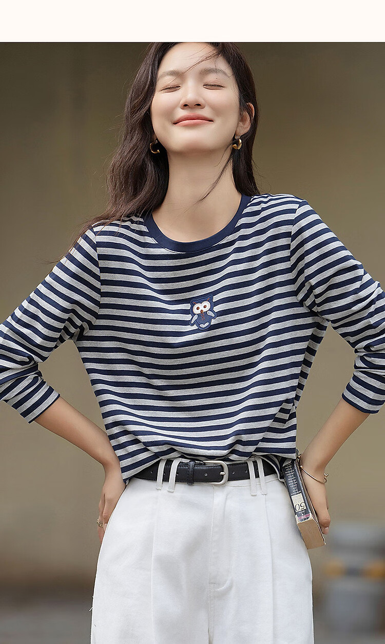 Demna【Striped Liberal】Spring and Autumn Loose Contrast Color Long Sleeve T-shirt Women Cute Patch Embroidery Concealed Flesh Women's T-shirt 14