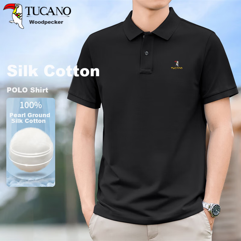 TUCANO Short-Sleeve Cotton Polo Shirt for Men, Business Casual Collared T-Shirt with Classic Embroidery, Versatile Top, Black, XL