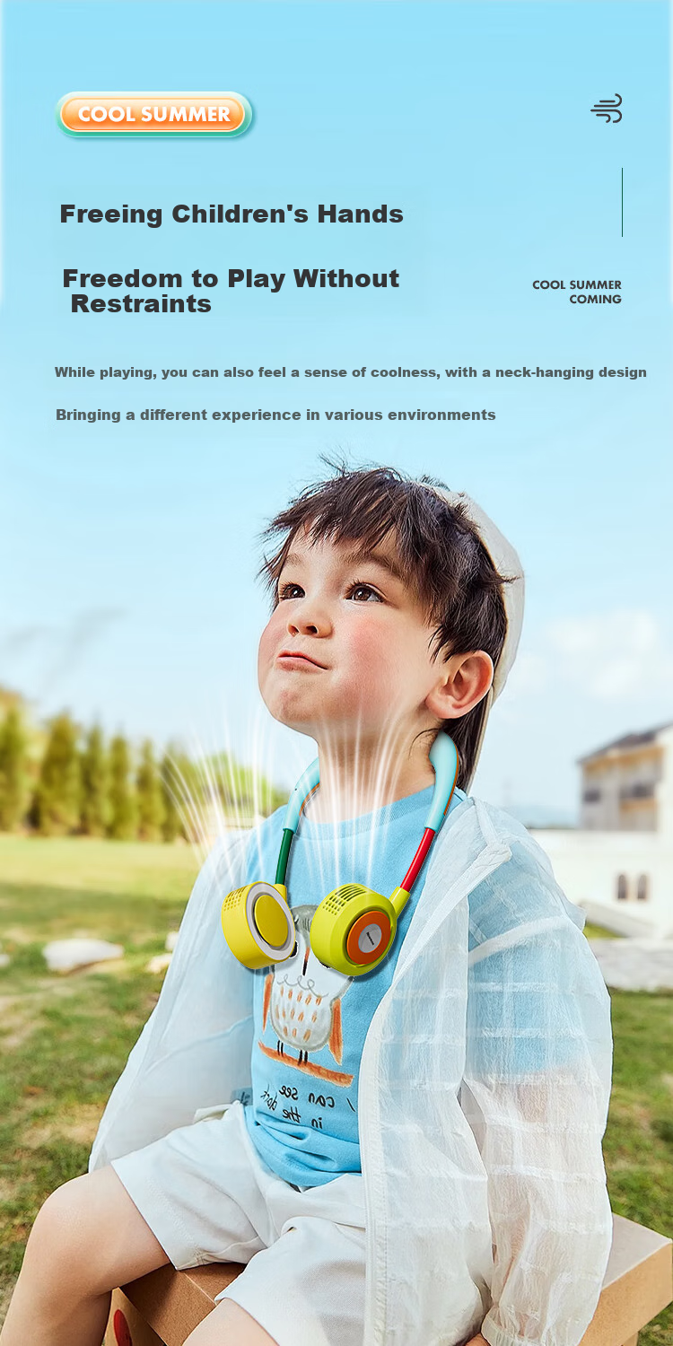 Newmine Neck Fan [Children's Travel] Bladeless Portable Fan, Wind-Cooled Long Battery Life, Quiet Folding Mini Neck-Hanging USB Small Fan, Student Summer Vacation Choice, Jazz Color 1