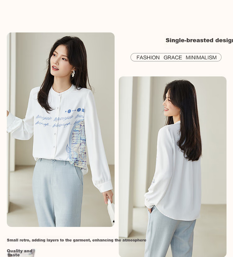 Dme [Romantic Paris] Spring And Autumn Round Neck Chiffon Blouse, Long Sleeve Printed Shirt, Women's Top 5