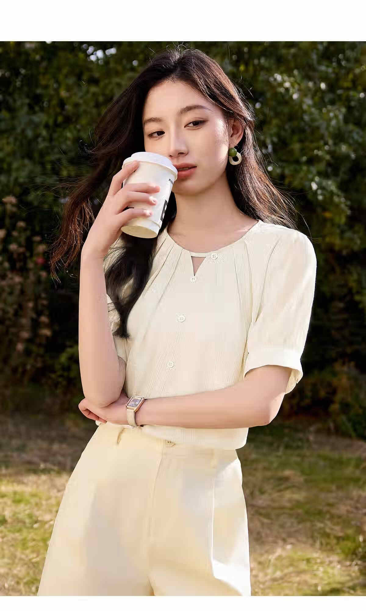 Chushen Summer Women's Short Sleeve Shirt V-Neck Hollow Out Elegant Vacation Style Chiffon Blouse S52X016 19