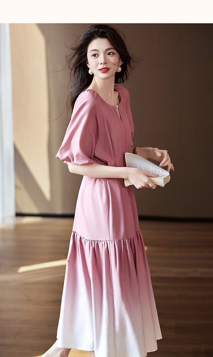 Dme [Ou Ruo Feng Girl] Summer Elegant Gradient Printed Lantern Sleeve Hollow Lace Tie A-Line Women's Dress 13
