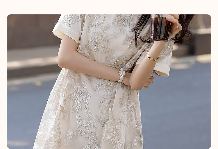 Demana French Charmer Summer Glossy Delicate Lace Embroidered Jacquard Short Sleeve Straight Mid-Length Women's Dress 5