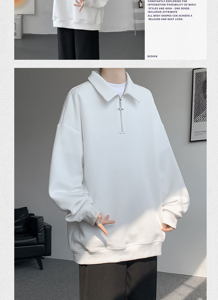Dingfengbaoluo Half-Zip Top, Spring Versatile Casual Loose Solid Color Long-Sleeve Lapel Sweatshirt TID03 White M 4