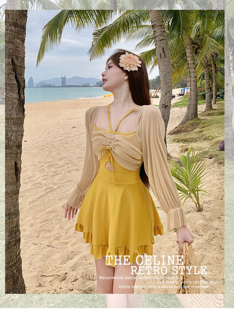 DK One-Piece Swimsuit Dress for Women, Conservative Style, New Hot Spring Design, Push-Up for Small Chest, Slimming Effect, Vacation Beach Wear, Elegant Look 1