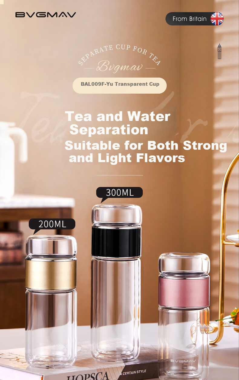 BVGMAV British Tea Infuser Glass Cup for Men, Double-Layer Glass Water Bottle with Tea Strainer, Portable Car Cup, High-End Gift 2