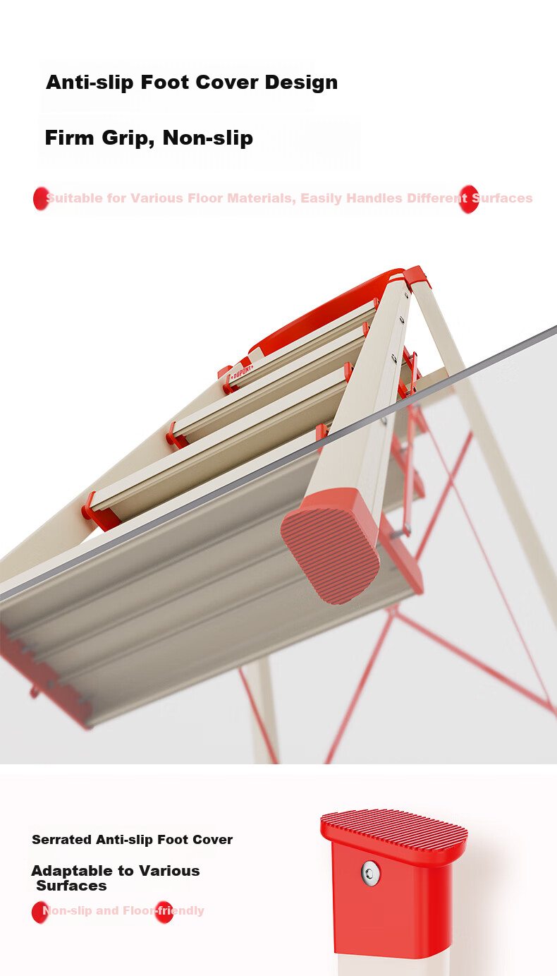 DU PONT Folding Aluminum Alloy Ladder for Home Use, Thickened A-Frame Ladder, Climbing Ladder, Safety Ladder, Step Ladder, Red And White, 5 Steps 8