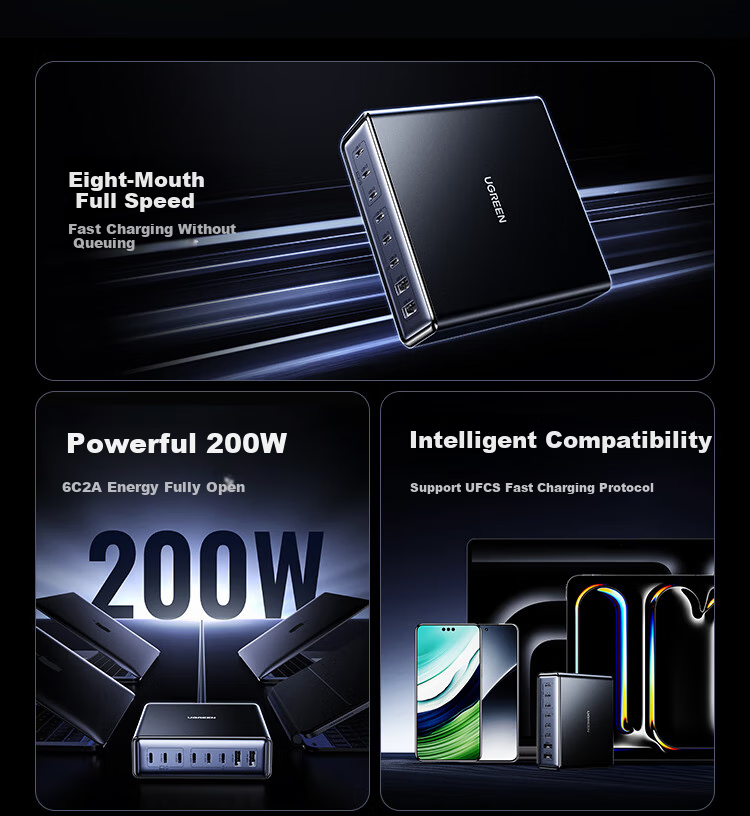 UGREEN 200W Gallium Nitride Charger, Desktop Charging Station, Multi-Port Type-C PPS/PD 100W Fast Charger, Suitable for Apple 18/17 MacBook Pro Laptops And Smartphones 4