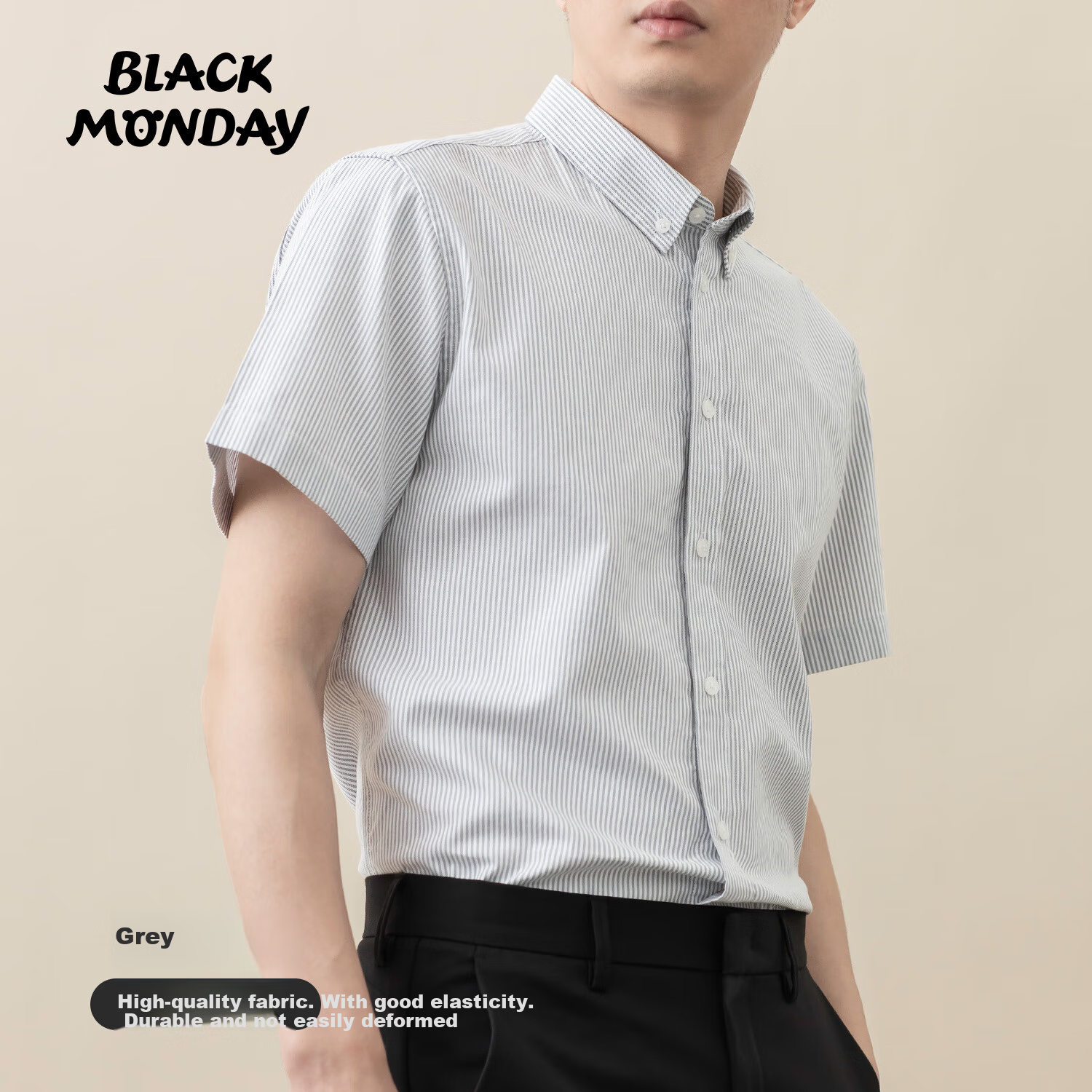 BLACKMONDAY Pure Cotton Oxford Yarn Vertical Striped Short-Sleeve Shirt for Men, All-Cotton Wrinkle-Resistant Non-Iron Business Casual Shirt