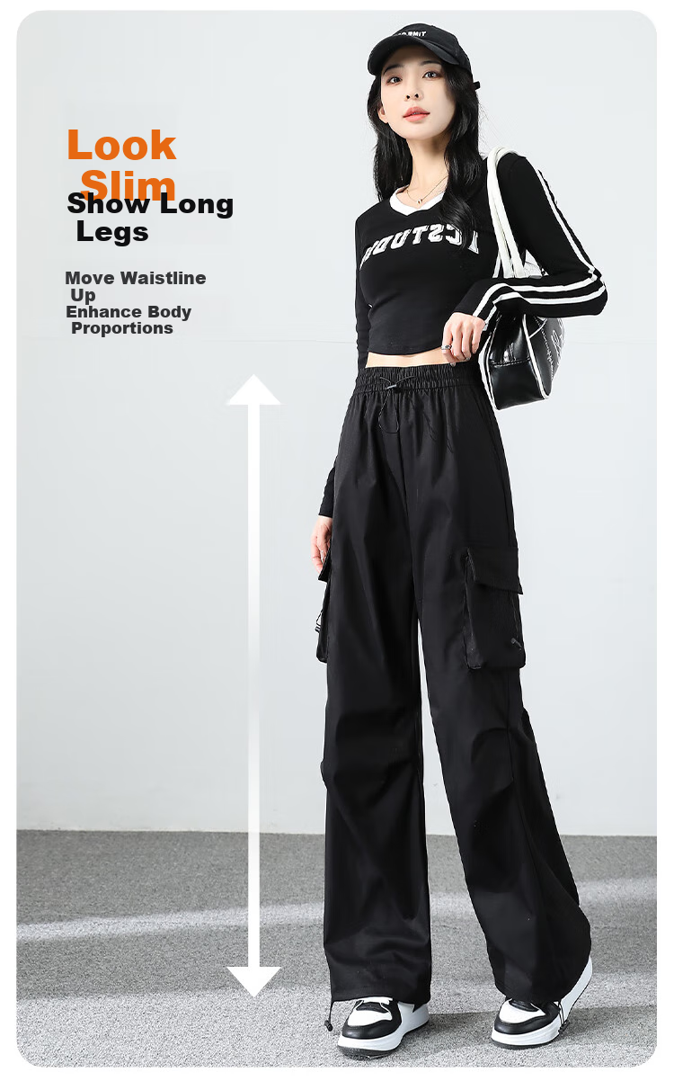 FitonTon Parachute Cargo Pants for Women, Summer Ice Silk Thin High-Waist Wide-Leg Trousers, Slimming Straight-Leg Drawstring Quick-Dry Pants Casual Pants 3