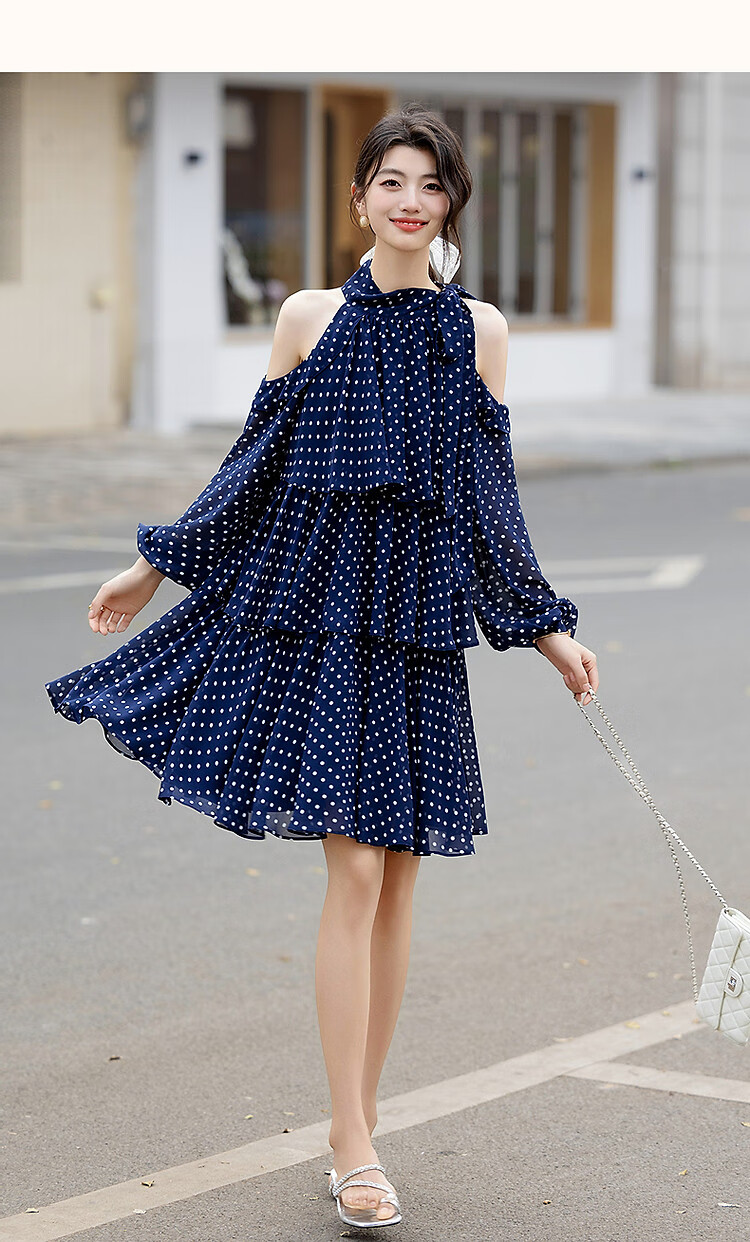 Dme [Lightweight Dots] Summer Girls' Style Vacation Tie-Waist Cake Skirt, Off-Shoulder Floral Elegant Women's Dress 8