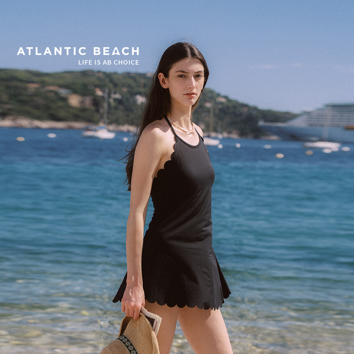 Atlanticbeach 2025 New Popular Halter Neck One-Piece Swimsuit for Women, Summer Hot Spring Vacation Backless Tummy-Covering Little Black Dress-Style Swimwear