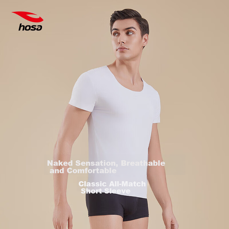 Hosa Men's Short-Sleeve High-Count Modal T-Shirt, Autumn And Winter Sports Undershirt, Versatile And Breathable, White, L