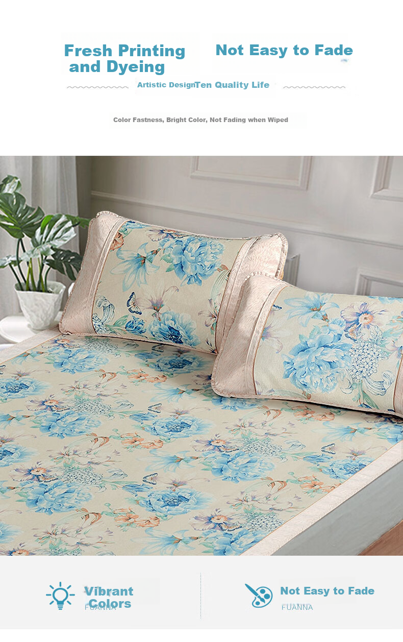 FUANNA Ice Silk Cooling Mat with Printed Pattern, Soft Fitted Sheet Set for Double Bed, Three Pieces, Blue, 1.8*2 Meters [Washable] 8