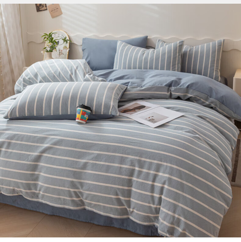 Grace Class A 7A Antibacterial Pure Cotton Duvet Cover 100% Cotton Double Quilt Cover Four Seasons Universal Striped Blue 180*220cm 2